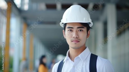 Portrait of Asian engineer or architect wearing safety helmet and standing in construction site.Generative Ai © Rudsaphon