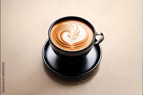 flat white coffee with latte art in a black cup and saucer on a light brown table
