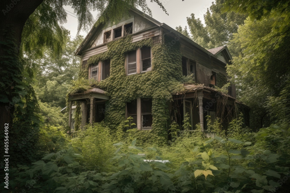 abandoned house, with the windows and doors boarded up, surrounded by overgrown foliage, created with generative ai