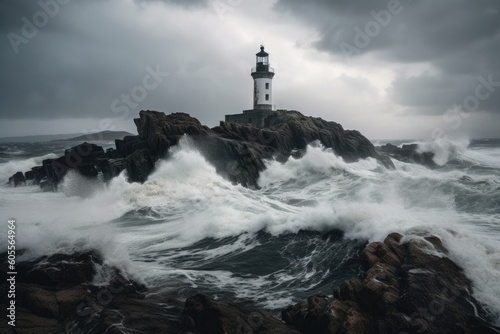 abandoned lighthouse, with waves crashing against the rocks below, in stormy weather, created with generative ai
