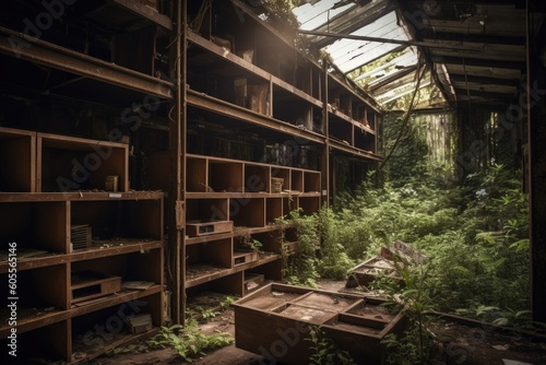 abandoned warehouse  with old and rusty metal storage shelves still in place  being reclaimed by nature  created with generative ai