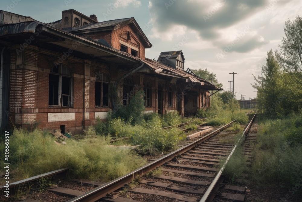 abandoned railway station, with old train cars and tracks left behind, created with generative ai