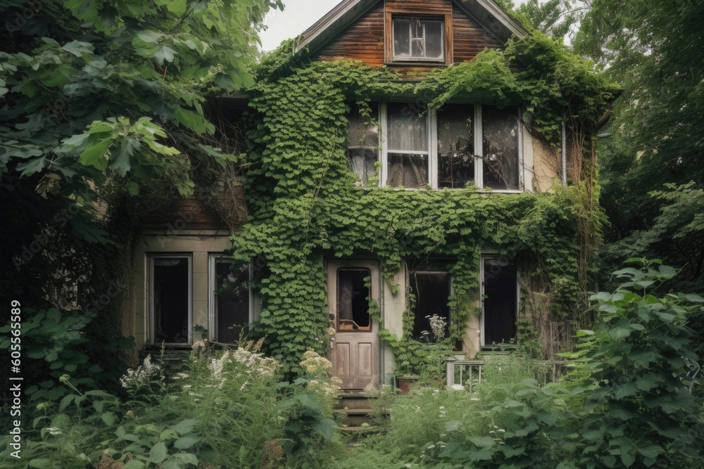 abandoned house with window boxes and climbing vines, surrounded by greenery, created with generative ai
