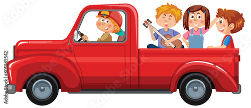 Group of friends travel and sitting at the back of the truck