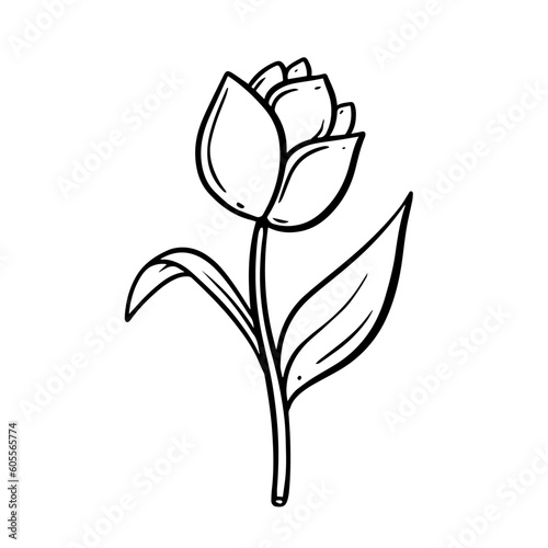 A black and white illustration of a tulip depicts the graceful curves of its petals  capturing the delicate beauty of this flower in a monochromatic palette.