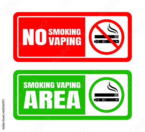 No smoking no vaping and smoking area sign set. Forbidden sign icon isolated on white background vector illustration. Cigarette, vape in prohibition circle and green allowed area.