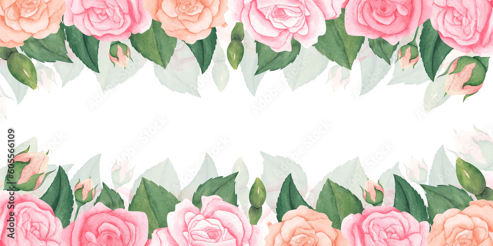 watercolor pink peach pastel roses frame with leaves and bud. illustration for greeting cards, invitations, birthday party. Isolated on white background