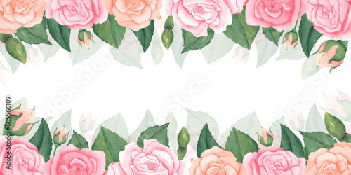 watercolor pink peach pastel roses frame with leaves and bud. illustration for greeting cards, invitations, birthday party. Isolated on white background