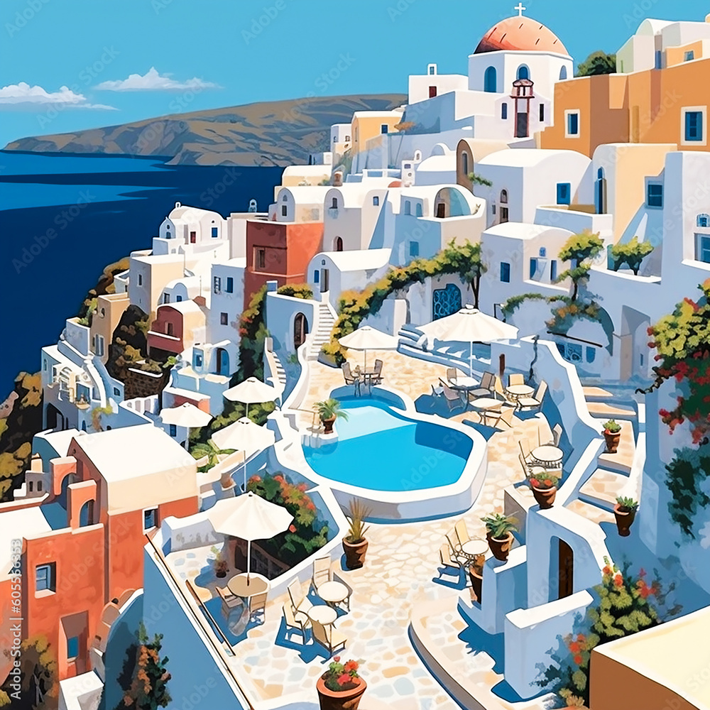Obraz premium Scene from Santorini Greece. Generative AI. A digital illustration of a scene from Santorini, Greece.