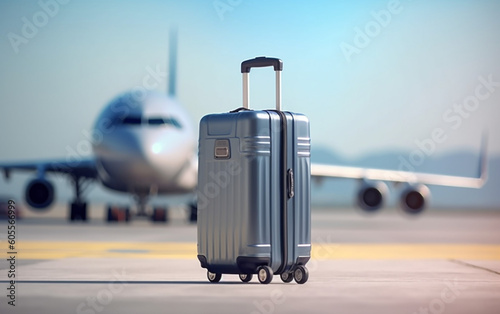 A suitcase on a runway with a blurred airplane in the background. Business travel concept. Travel background, Generative AI