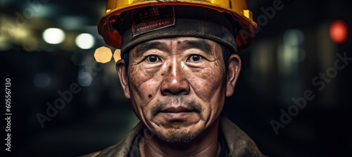 Asian man with face dirty, helmet on his head, dark background to emphasise deep mine - natural resource miner, concept of hard working conditions mining industry in China and Asia. Generative AI