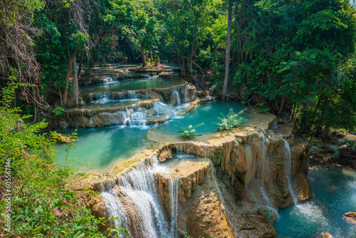 Fototapeta Naklejka Na Ścianę i Meble -  Huay Mae Kamin waterfall with blue and clear water in Kanchanaburi Thailand 
