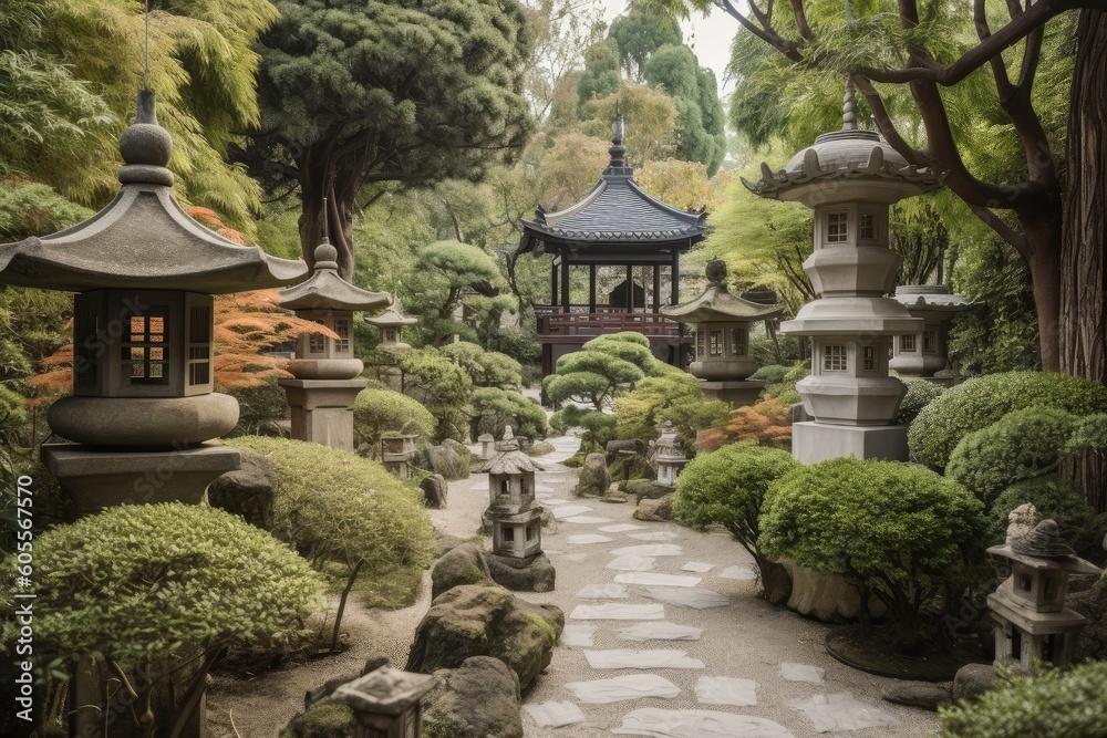peaceful pagoda garden with bonsai and lanterns in the foreground, created with generative ai