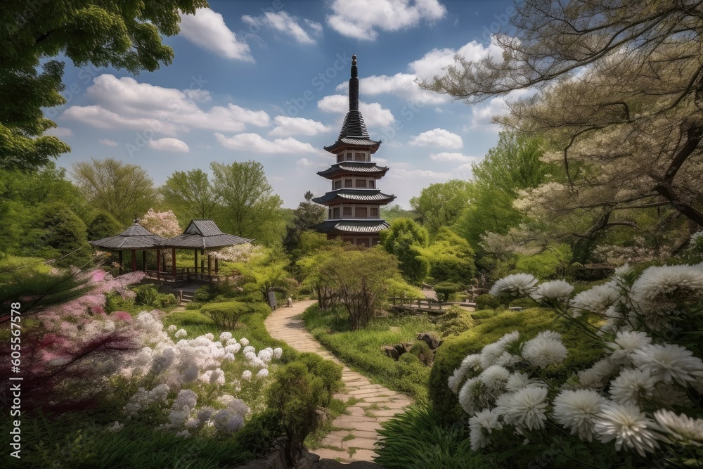 peaceful garden with view of the pagoda surrounded by blooming flowers, created with generative ai