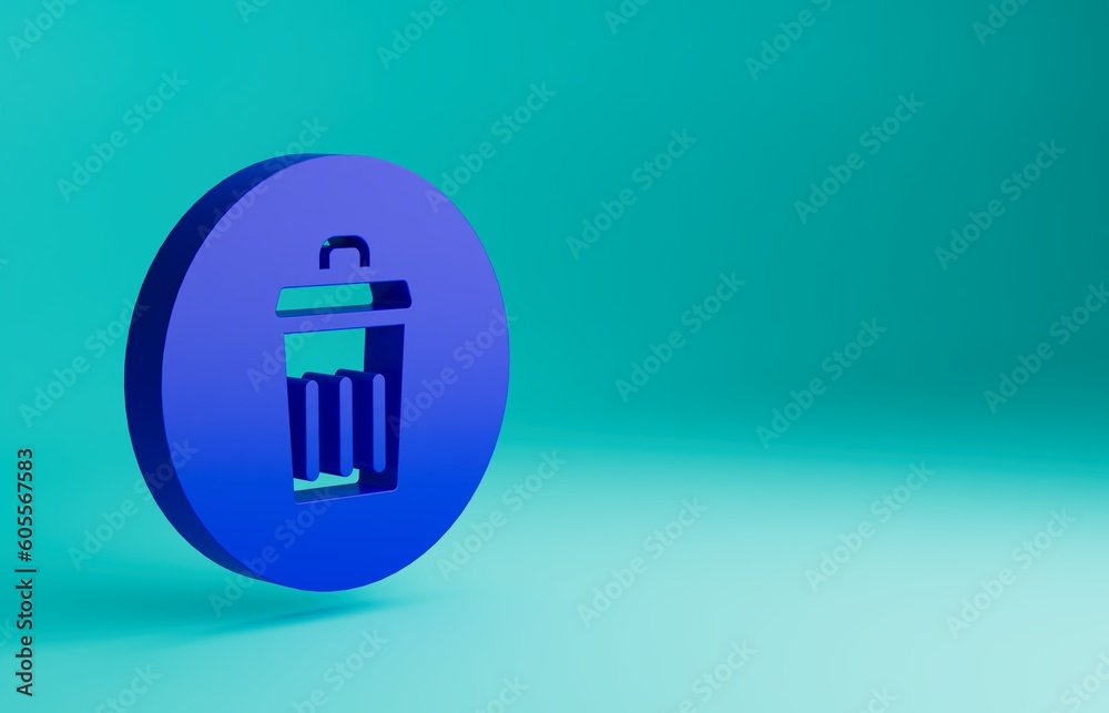 Blue Trash can icon isolated on blue background. Garbage bin sign. Recycle basket icon. Office trash icon. Minimalism concept. 3D render illustration