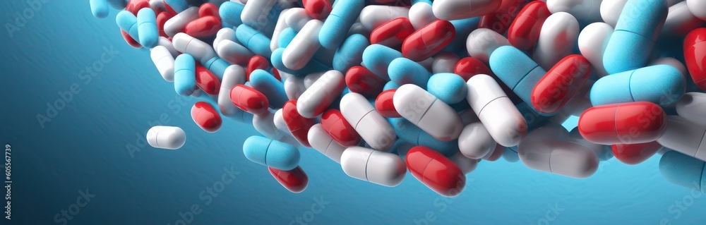 Red, blue and white pills isolated against the blue background. Created with generative AI technology. Red, blue and white pills isolated against the blue background. Created with generative AI technology.