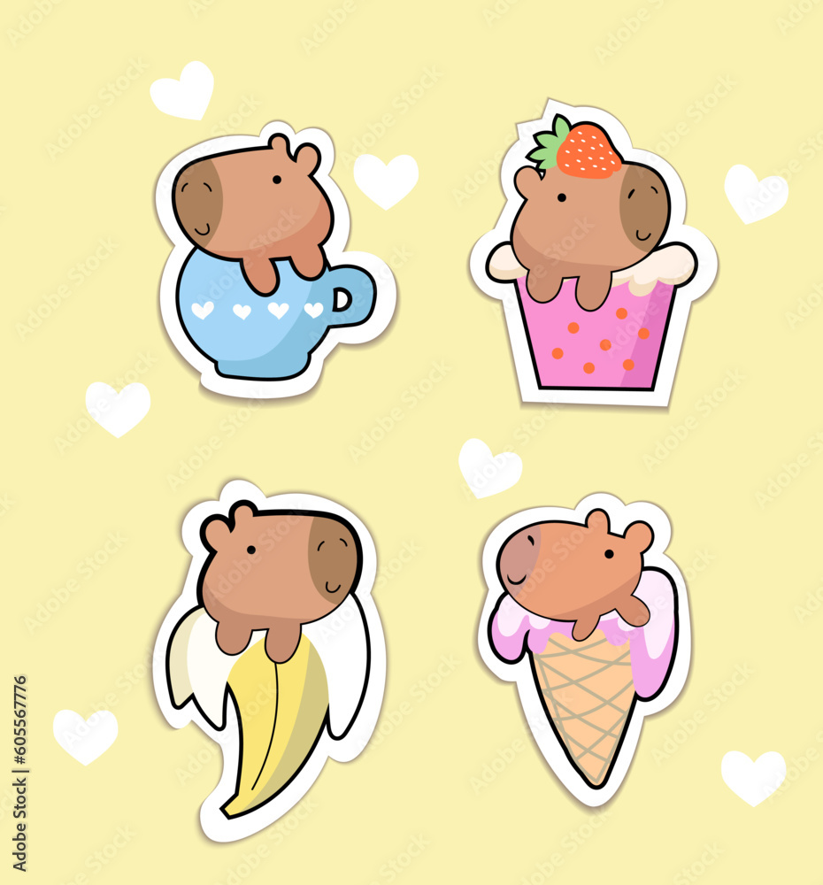 Cute kawaii hand drawn face capybara in anime style in a cup of tee, babana,an ice-cream, a strawberry cocktail Cute kawaii hand drawn face capybara in anime style in a cup of tee, babana,an ice-cream, a strawberry cocktail