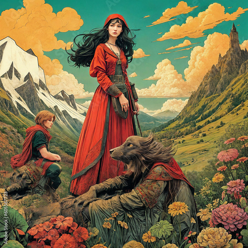 Fantasy scene with a girl in a red dress and a wolf in the mountains.