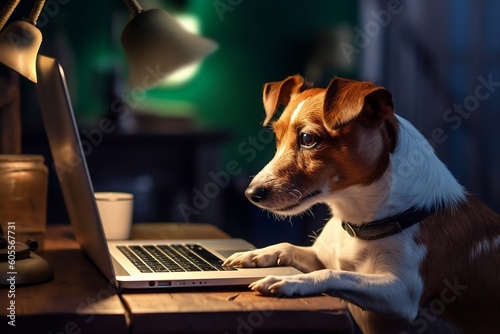 Curious Jack Russell Terrier Peering at a Laptop. Generative AI