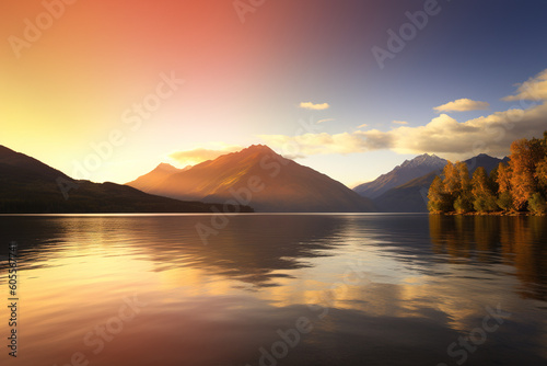 a beautiful sunset over a lake with mountains in the background