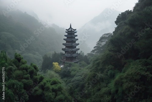 ancient pagoda in the misty mountains, surrounded by greenery, created with generative ai