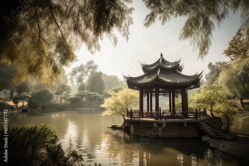 peaceful setting with view of tranquil lake and pagoda in the distance, created with generative ai