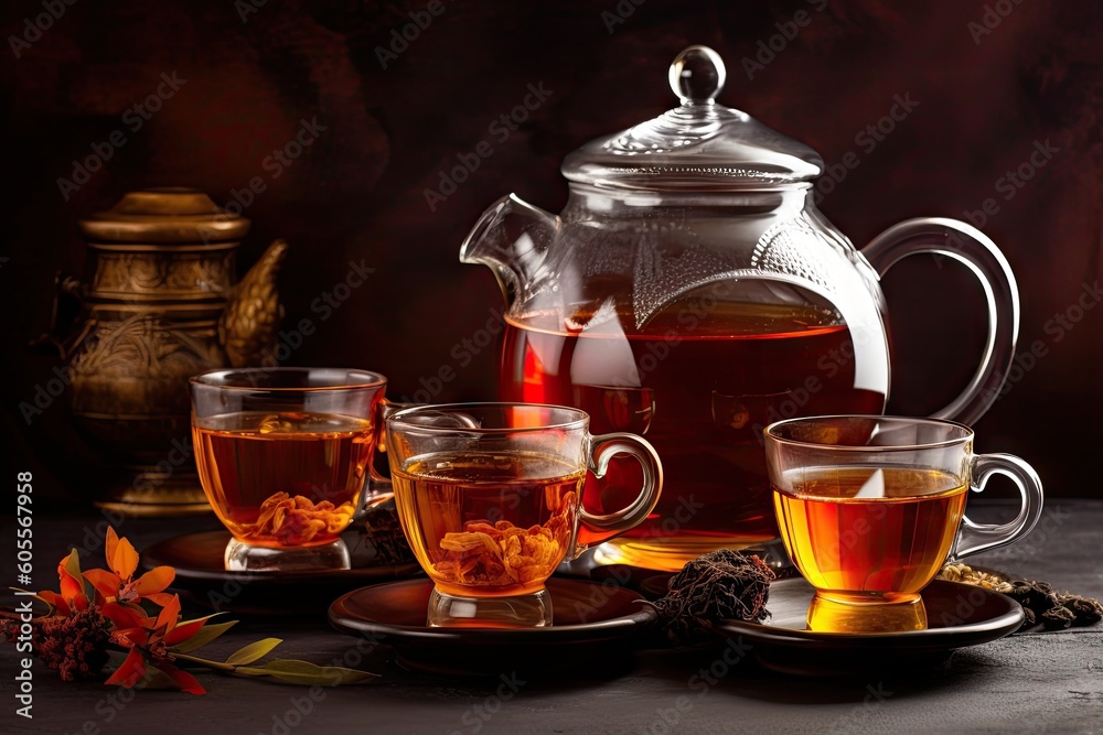 teapot and cups filled with warm, aromatic tea, created with generative ai teapot and cups filled with warm, aromatic tea, created with generative ai