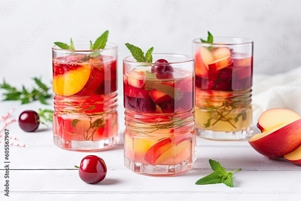 refreshing summer drink with fruit and herbs on the background of white or pastel color scheme, created with generative ai refreshing summer drink with fruit and herbs on the background of white or pastel color scheme, created with generative ai