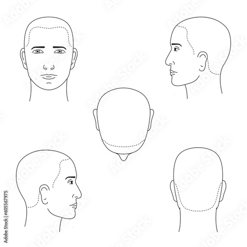 Isolated vector black and white male heads in different projections. Face and hair growth line