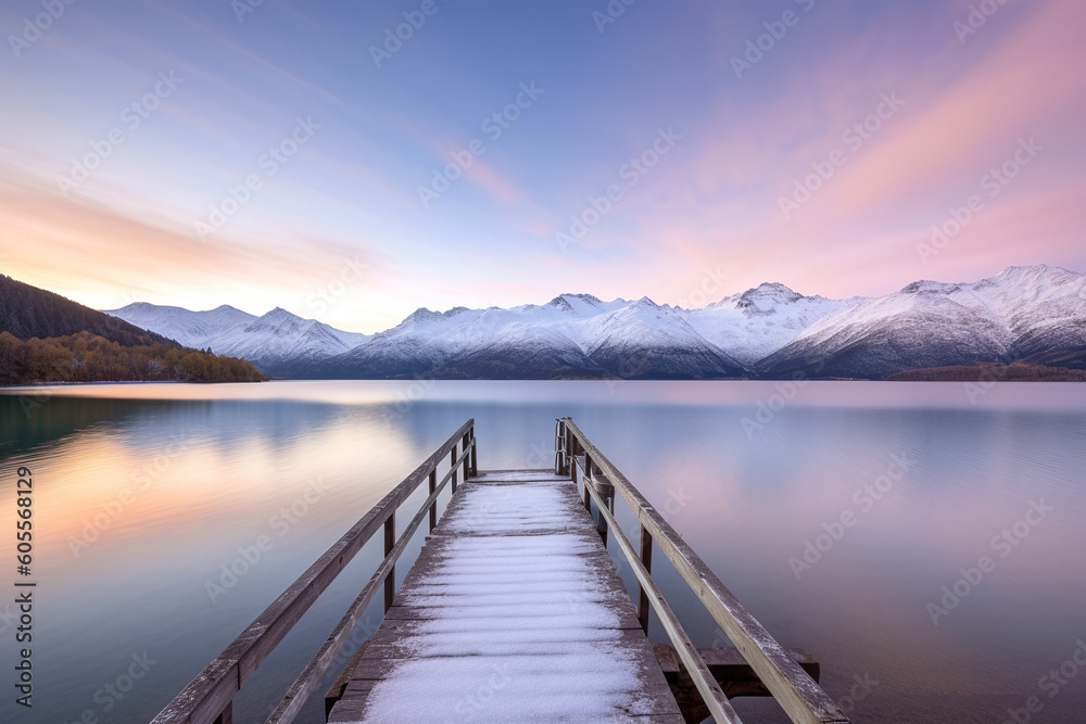 the landscape of a pier with snow on it by the lake with snowy mountain background