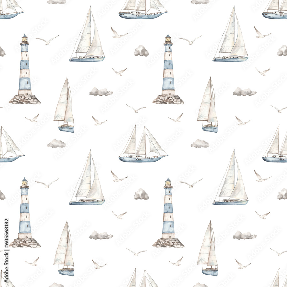 custom made wallpaper toronto digitalWatercolor seamless pattern with yacht, sailboat, lighthouse, sea, seagulls, clouds on a white background, nautical pattern