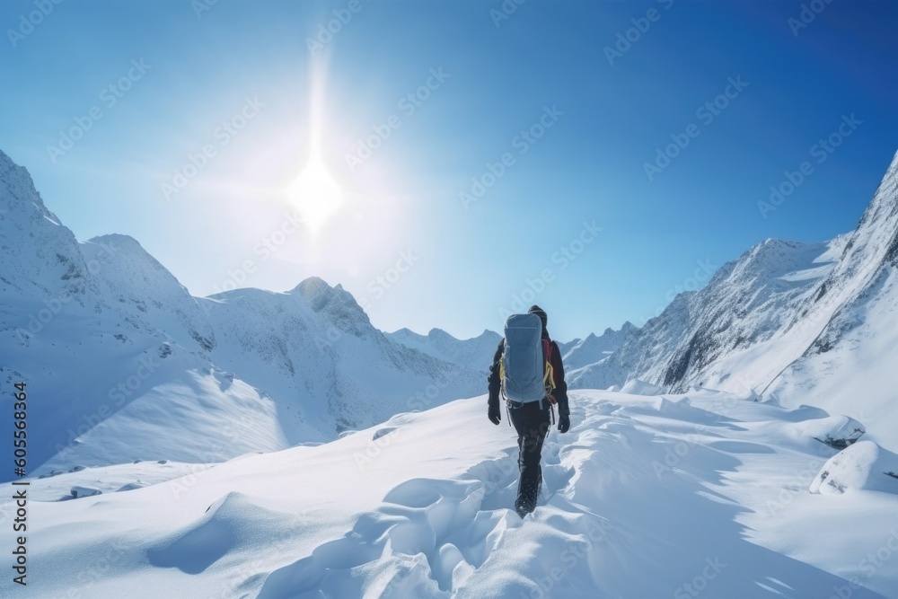 adventure travel activities in winter, with a view of snow-covered mountains, created with generative ai