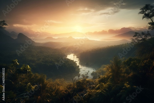 Illustration of sunrise over Amazon rainforest with mountains, river, steam and greenery. Generative AI