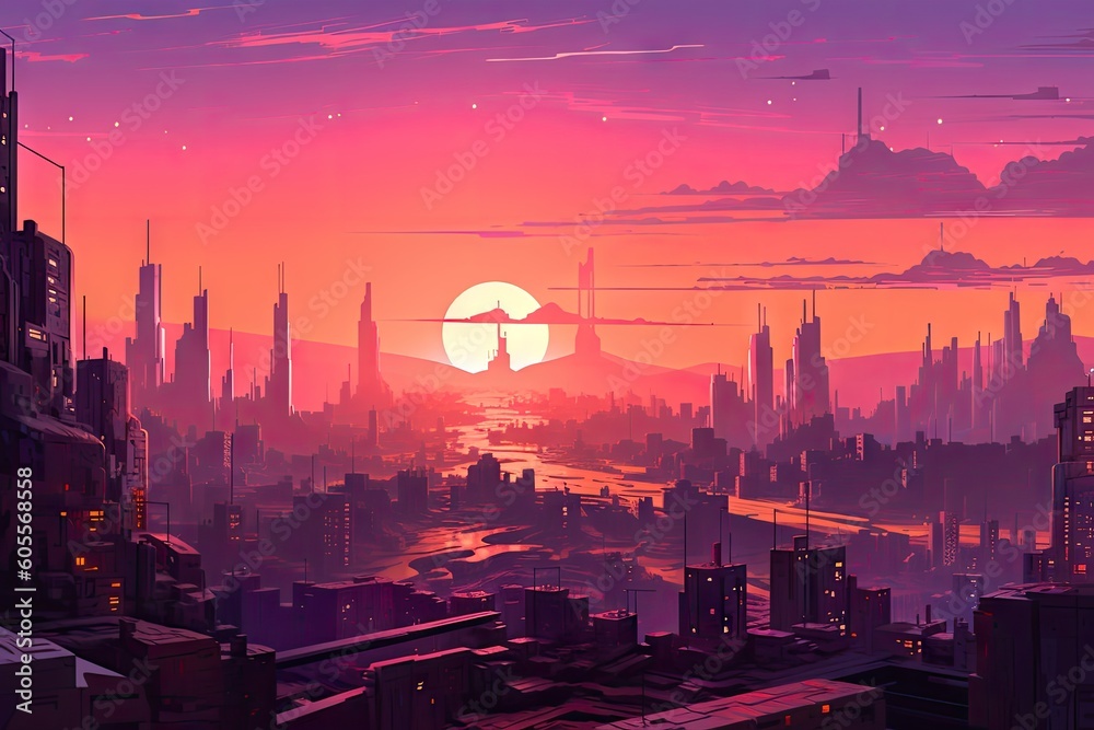 sunset over futuristic city, with orange and pink hues filling the sky, created with generative ai