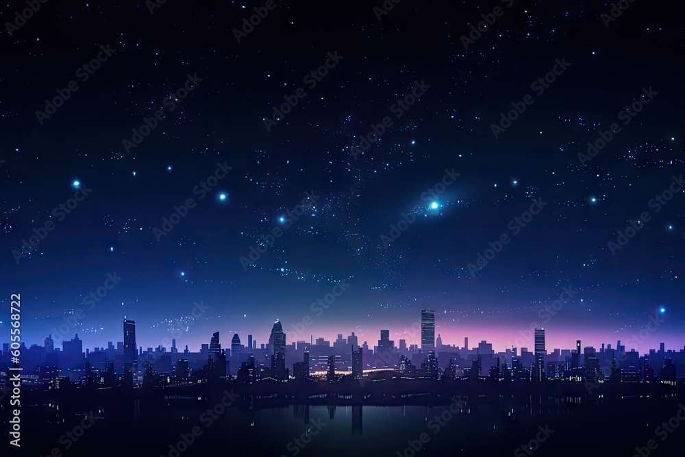 starry night sky with shining stars and silhouette of futuristic city in the background, created with generative ai