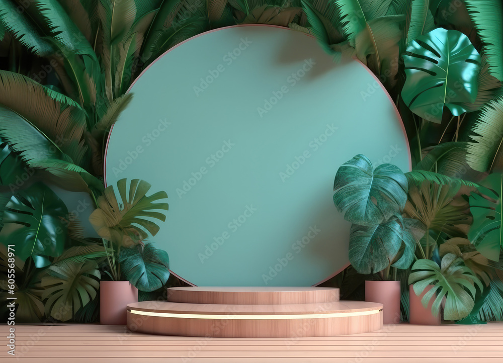 Pink texture podium mockup with turquoise round background, green tropical leaves, palm tree, monstera. Generative AI Pink texture podium mockup with turquoise round background, green tropical leaves, palm tree, monstera. Generative AI