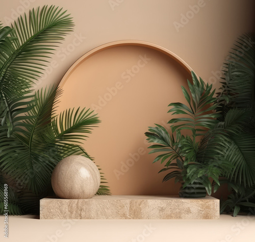 Mockup of a stone beige podium with a matte background  green tropical leaves  palm tree  monstera. Generative AI