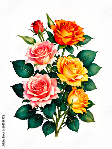 Colorful roses on white background, watercolor style. Bud and flowers of roses on white background, watercolor hand drawing, botanical painting