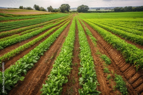 gmo crop field, with rows of vibrant and healthy plants, created with generative ai