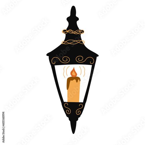 Old vintage oil lamps and candle engraving. Vector illustration. Flat style.