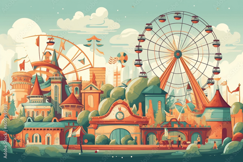 An illustration showcasing an inviting view of a bustling amusement park from the entrance, featuring a roller coaster, Ferris wheel, and merry-go-round, symbolizing fun and excitement.