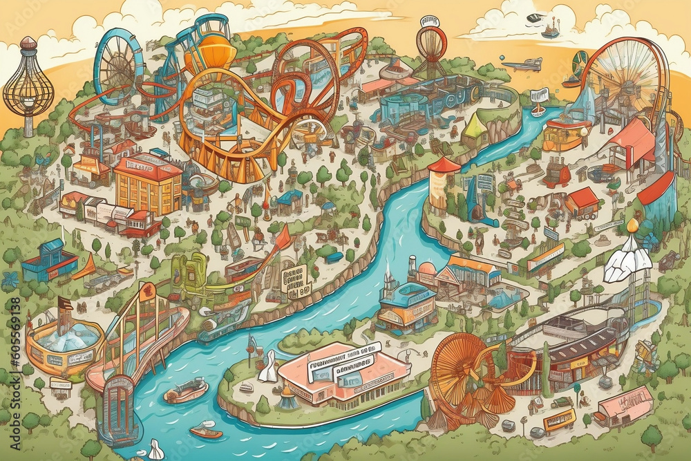 An illustration of a map of an amusement park, highlighting various attractions and themed areas, useful for understanding the layout and planning a fun-filled day.
