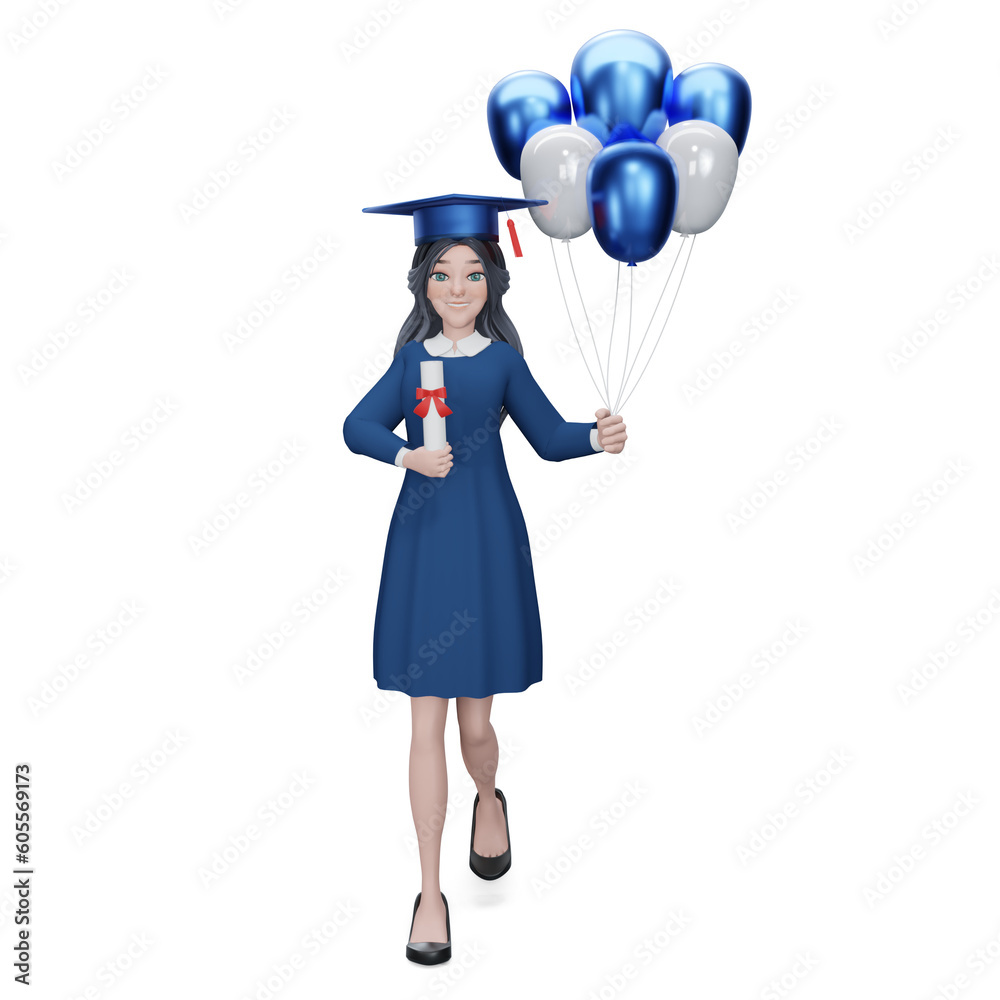 Graduate celebrating with balloon and certificate in her hand , feeling so proud and happiness in Commencement day,Education Success Concept