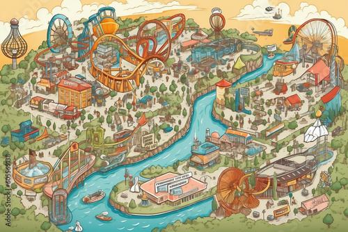 An illustration of a map of an amusement park  highlighting various attractions and themed areas  useful for understanding the layout and planning a fun-filled day.