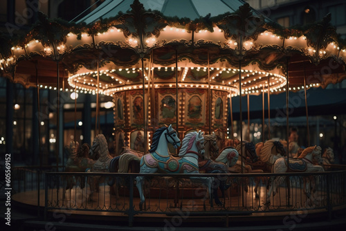 A photo capturing a vintage carousel at dusk  focusing on the decorative details and glowing lights  evoking a sense of nostalgia and evening fun.