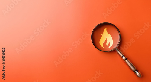 Canvas-taulu Fire surveillance inspection and fire fighting with magnifying glass on orange background