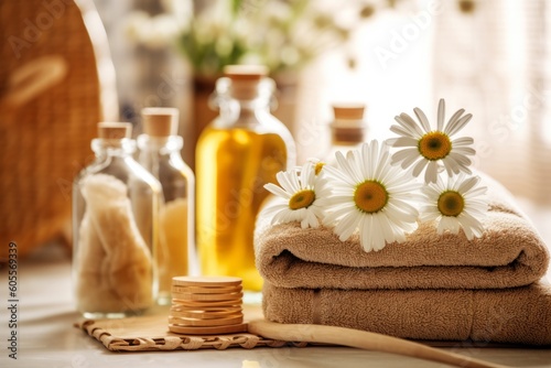 An image of a spa setting with chamomile-infused water, towels, and bath products, capturing the soothing and rejuvenating properties associated with chamomile. Generative Ai