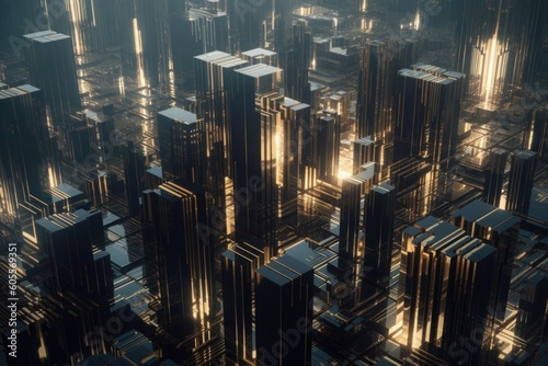a futuristic cityscape of metallic towers and geometric shapes  created with generative ai