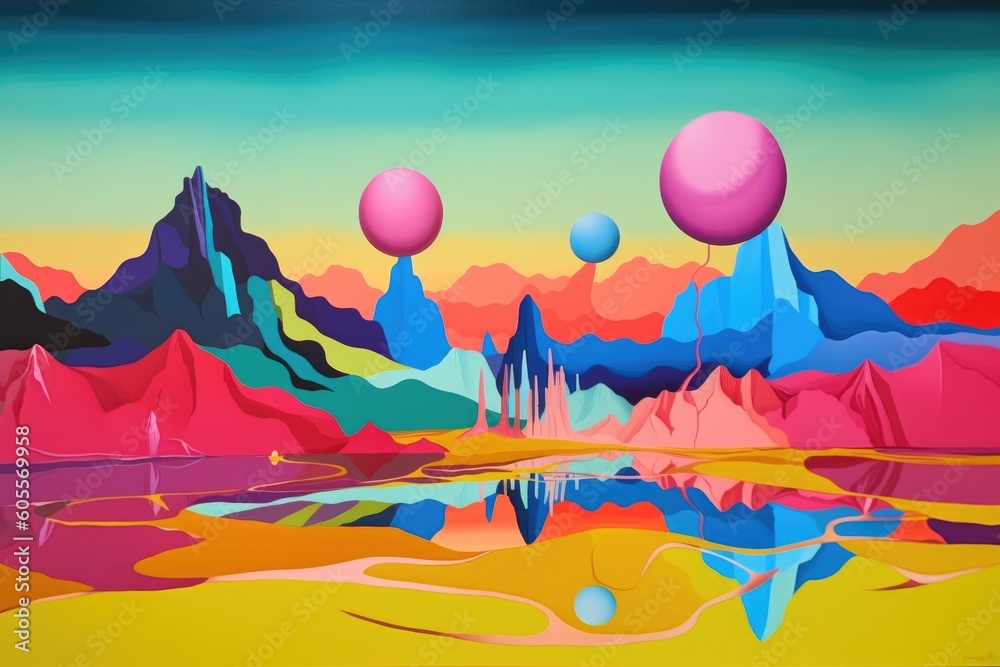 Fototapeta premium abstract landscape with surreal floating objects and vibrant colors, created with generative ai