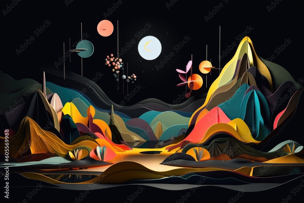abstract and surreal landscape, with floating shapes and colors, against black background, created with generative ai